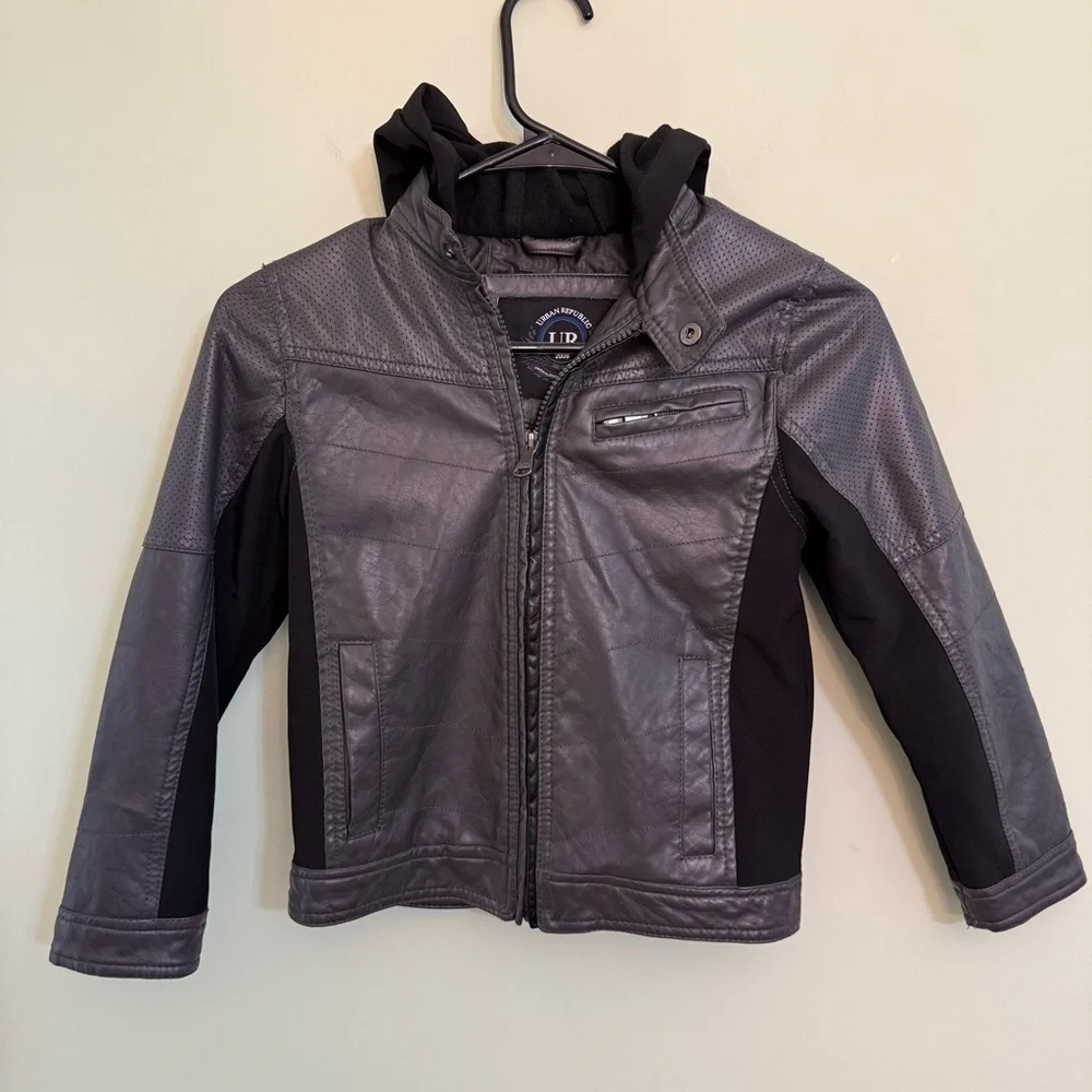 Urban Republic Kids Gray and Black faux leather Jacket youth size 7 hooded
